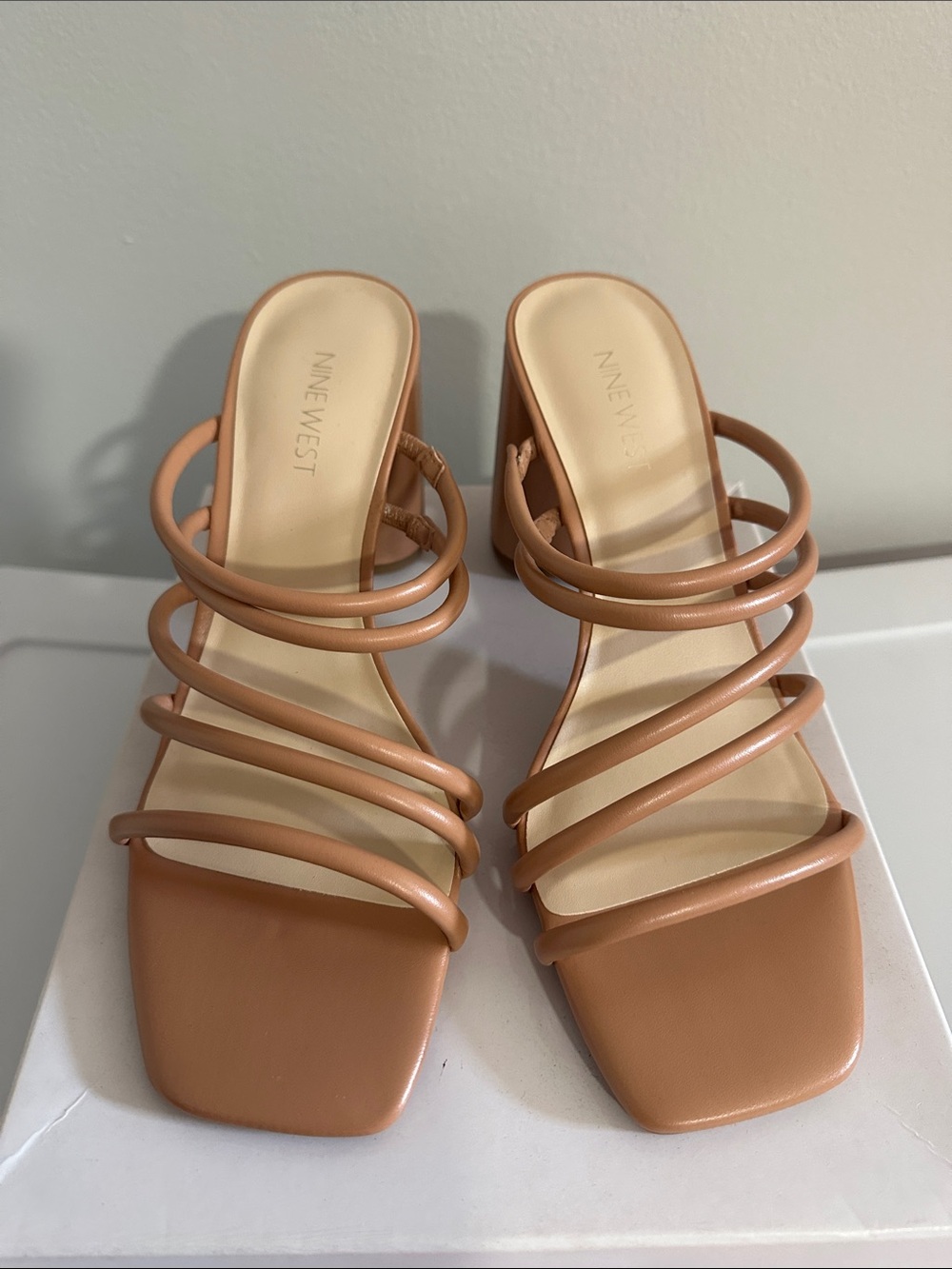 Nine West Cognac Multi-Strap Block Heel Sandals